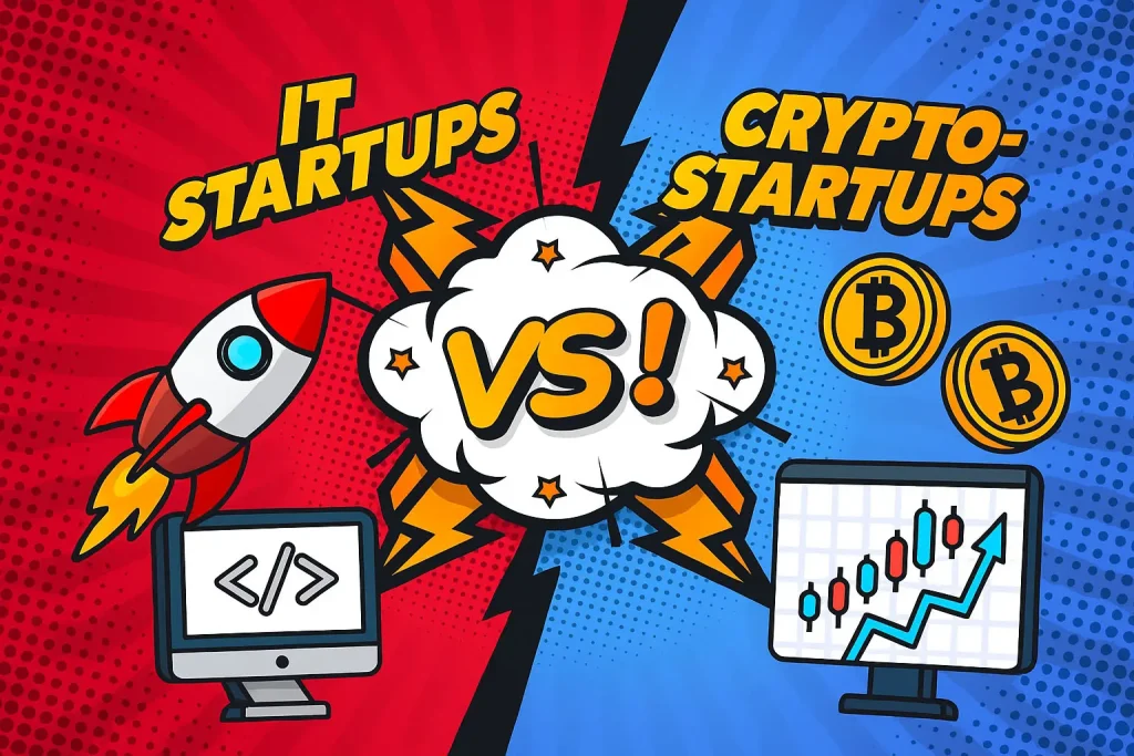 Comparing accounting for IT startups vs crypto startups – illustration showing contrast between traditional tech and blockchain-based companies.ов.