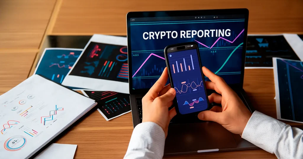 Krypto reportování v České republice – ilustrace znázorňující kontrolu CNB a FAU, audit a blockchainovou analýzu.