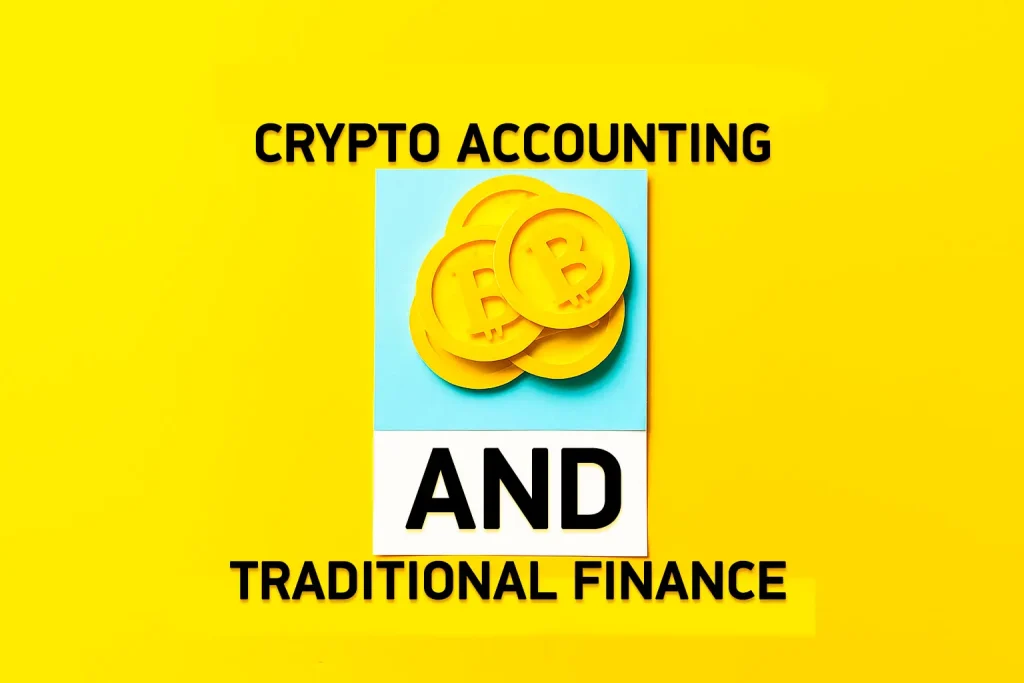 Integrating crypto accounting with traditional financial reporting – illustration showing Bitcoin coins symbolizing digital assets merged with traditional finance.