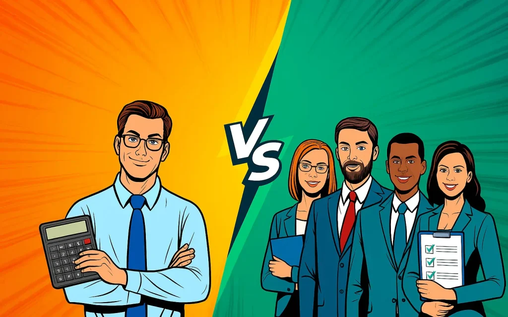 In-house vs outsourced accountant in the Czech Republic & EU – illustration comparing a single accountant with a professional accounting team.