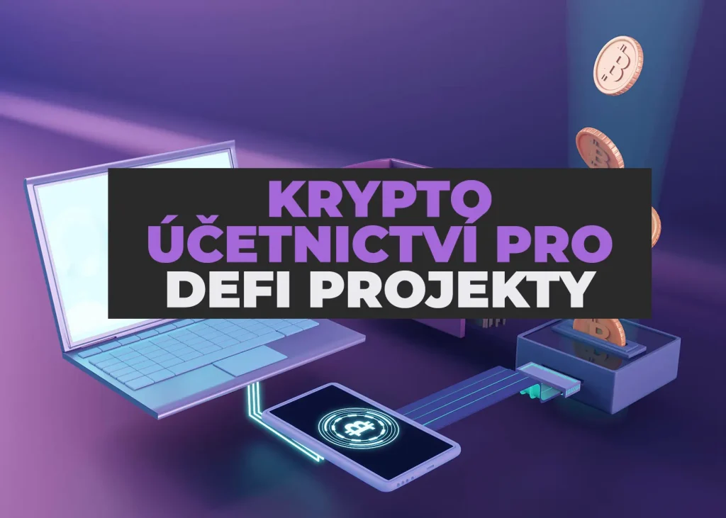 Krypto účetnictví pro DeFi projekty – ilustrace zobrazující decentralizované finanční sítě, blockchainové transakce a reporting digitálních aktiv.