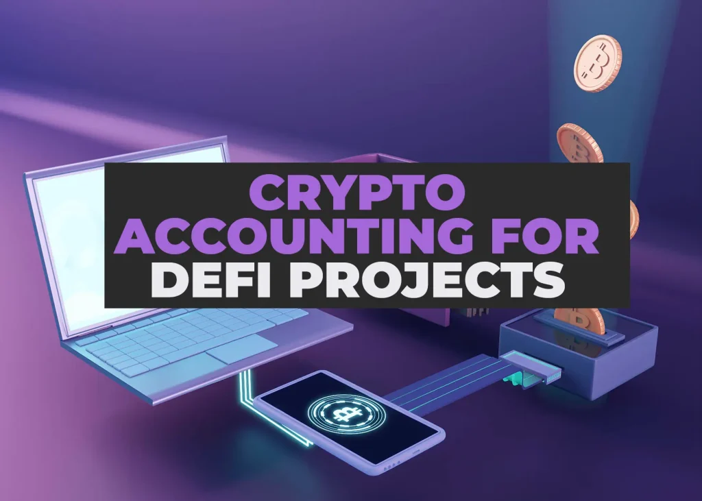 Crypto accounting for DeFi projects – illustration showing decentralized finance network, blockchain analytics, and digital asset reporting.