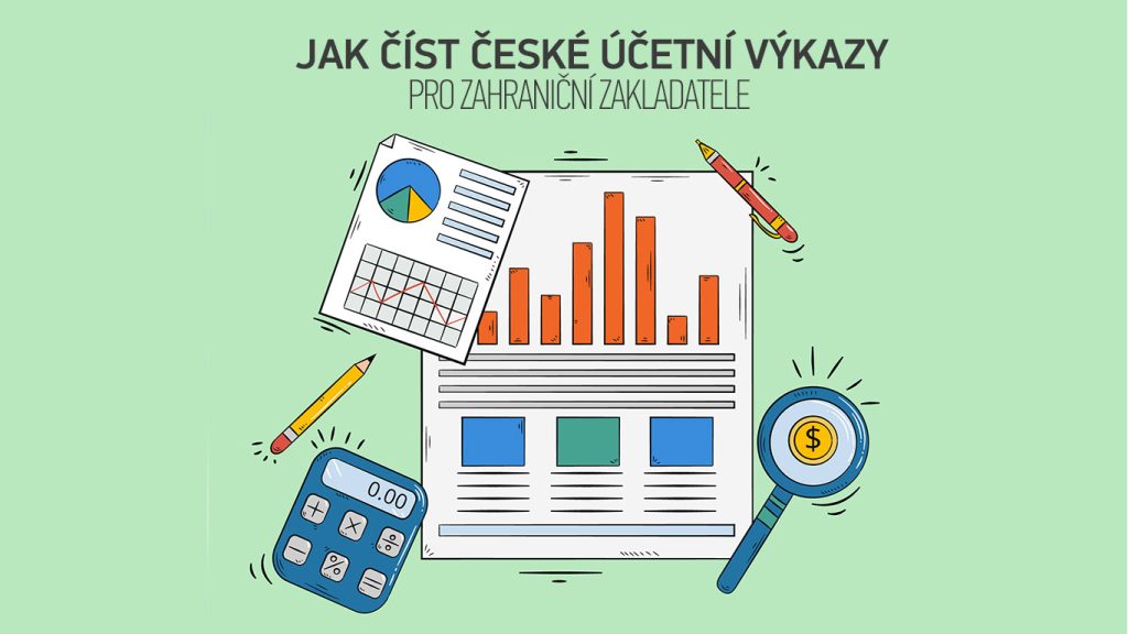 Jak číst české účetní závěrky – ilustrace zobrazující podnikatele analyzujícího rozvahu, výkaz zisku a ztráty a účetní dokumenty.