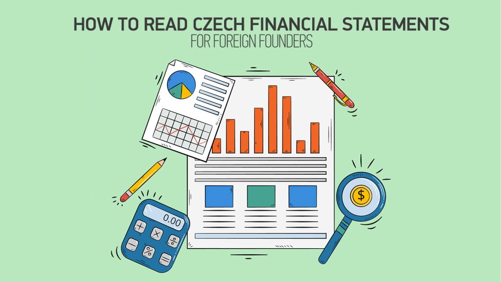 How to read Czech financial statements – illustration showing businessperson analyzing balance sheet, profit and loss statement, and Czech accounting documents.