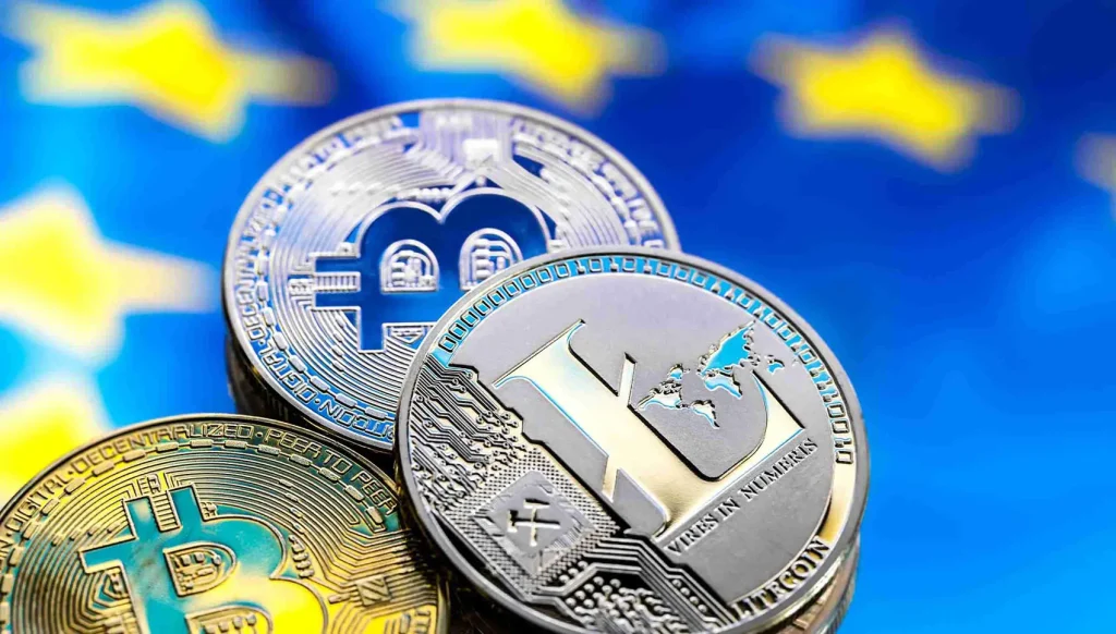 Лицензирование по MiCA в Чехии 2025 – иллюстрация, символизирующая регулирование крипторынка, законы ЕС и надзор Чешского национального банка.