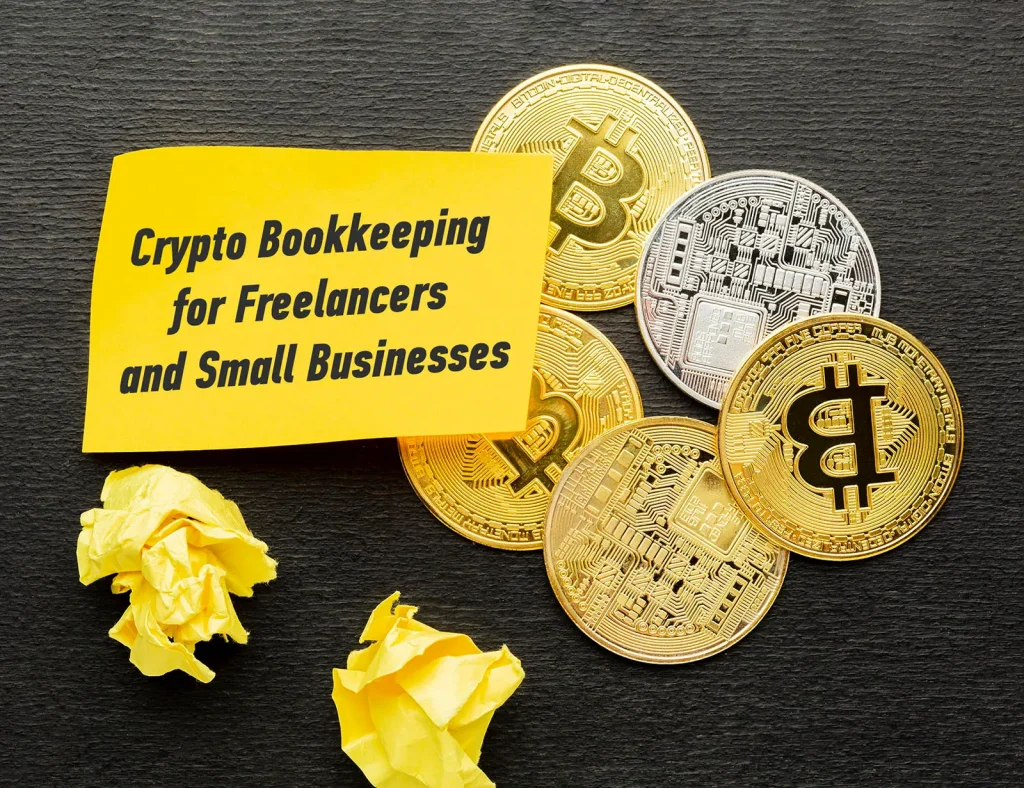 Crypto bookkeeping for freelancers and small businesses – illustration showing tracking, valuing, and reporting cryptocurrency transactions for tax and compliance purposes.
