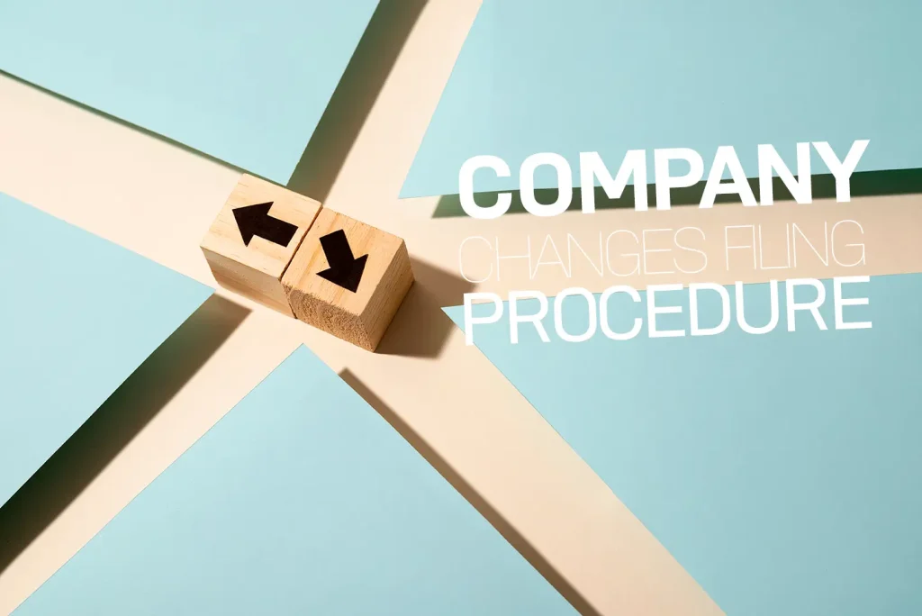Company changes filing procedure in the Czech Republic – illustration showing updates to company address, director, shareholders, and share capital submitted to the Commercial Register.