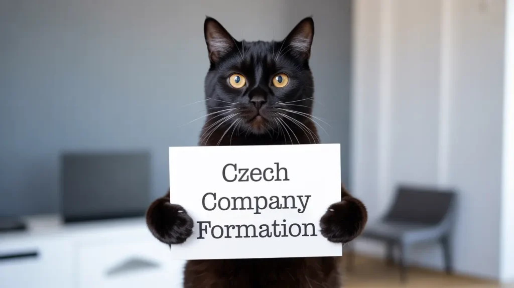 Realistic black cat with green-yellow eyes holding a sign that says “Czech Company Formation”, representing business registration and company setup in Czechia.