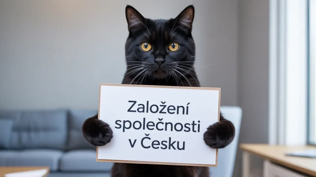 Černá kočka drží tabulku s nápisem „Založení společnosti v Česku“. Obrázek symbolizuje snadné a přívětivé založení firmy v České republice.