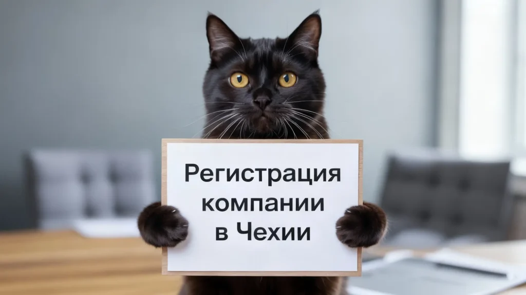 Чёрный кот с табличкой «Регистрация компании в Чехии» — иллюстрация к статье о том, как открыть бизнес в Чехии.