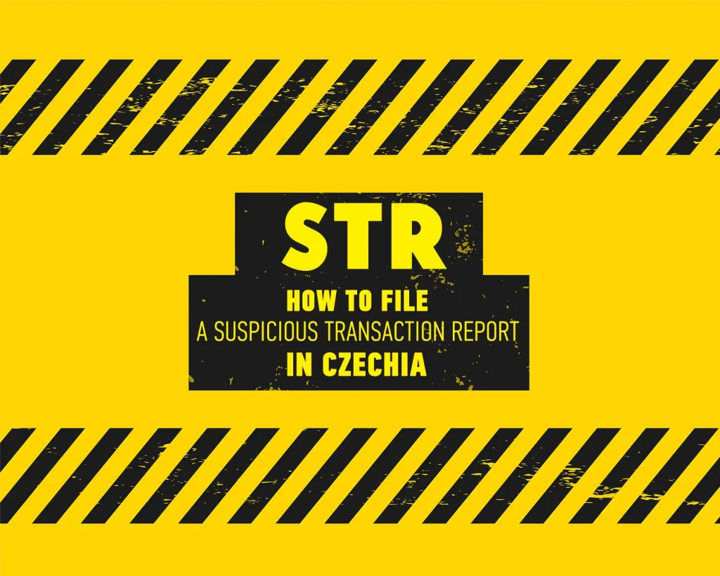 Filing a Suspicious Transaction Report (SAR) in Czechia – illustration showing online submission of an Oznámení o podezřelém obchodu to the Financial Analytical Office (FAÚ) under AML law.