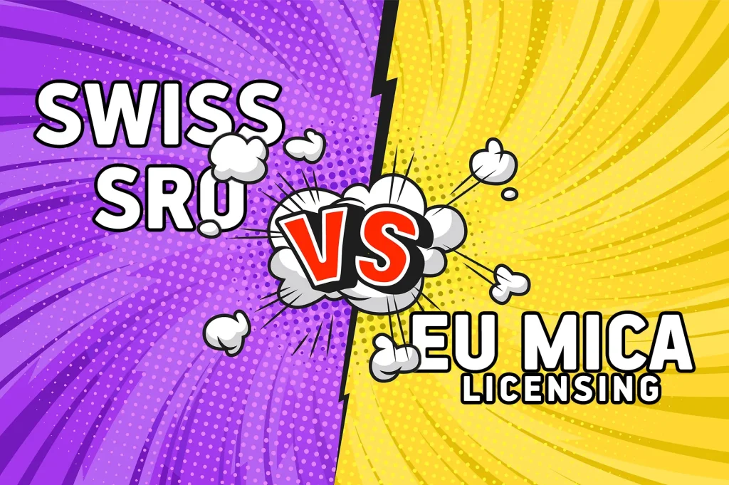 Swiss SRO vs EU MiCA licensing comparison for crypto business regulations