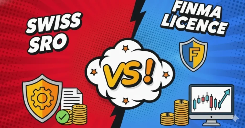 Comparison of Swiss SRO vs FINMA licence for crypto companies — comic-style infographic showing regulatory options, benefits, and compliance differences in Switzerland.