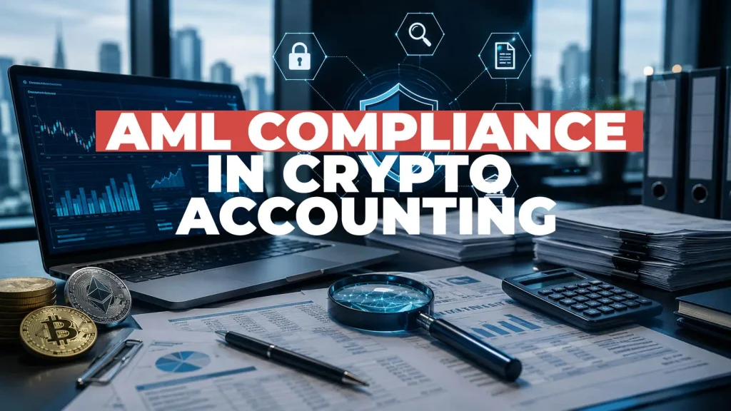 AML compliance in crypto accounting in Czechia — illustration of Czech AML law, KYC checks, transaction monitoring, STR reporting, MLRO duties, and crypto accounting controls