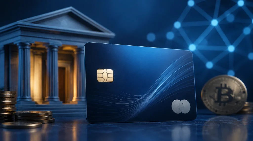 Bankovní karta před tradiční bankou, bitcoinem a blockchainovou sítí, znázorňující bankovní služby pro licencované krypto společnosti a VASP