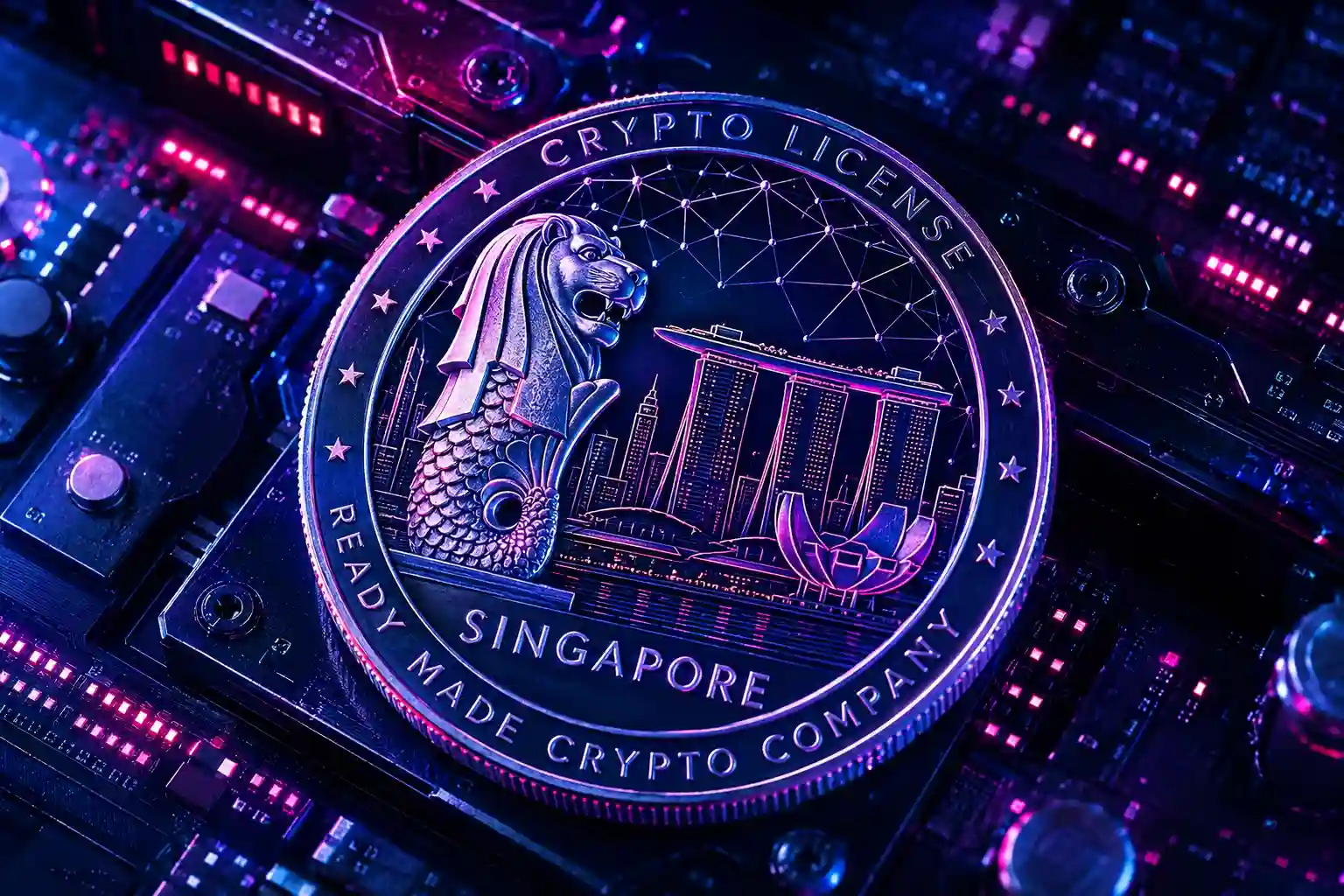 Kryptoměnová licence v Singapuru se symboly Merliona a Marina Bay Sands