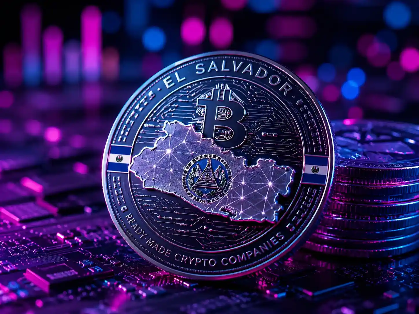 Silver coin with the El Salvador map and a Bitcoin symbol representing a ready-made crypto company in El Salvador